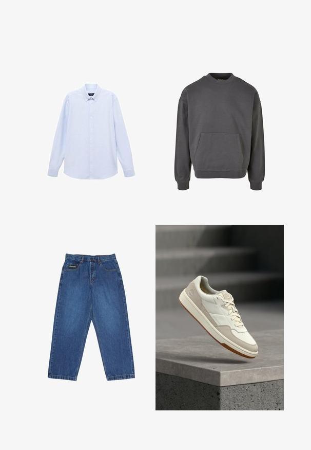 Grå sweatshirt lavet af en bomuldsblanding, med lange ærmer, rund halsudskæring, sidesømme og en forlommeslomme. Glat tekstur, afslappet pasform.; Lyseblå langærmet skjorte med knapper og klassisk krave, lige bund og subtil tekstur. Har en central knaplukning.; Blå denim vidde-bukser med knapper foran og lynlås, fem lommer og en lille rektangulær mærkeflap på den højre forreste lomme.; Sneaker med en cremefarvet læderoverdel, lysegrå ruskindsdetaljer, runde snørebånd og en tekstureret brun gummisål med mærkelogo på hælen.