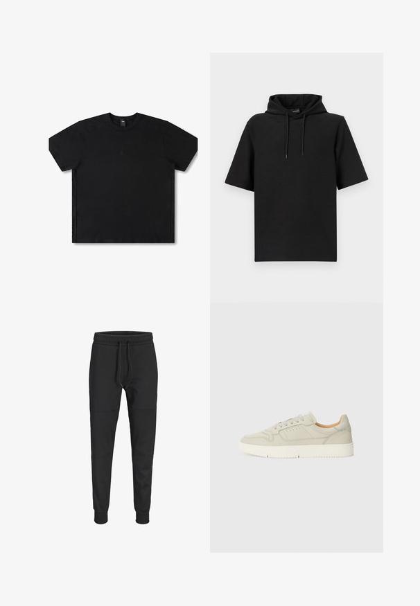 Sudadera negra de manga corta con capucha ajustable y sutil patrón en relieve en la tela, mostrada sobre un fondo blanco liso.; Camiseta negra de manga corta hecha de algodón con cuello redondo, con un logo sutil en el centro y un diseño de corte relajado.; Pantalones jogger ajustados negros con cintura elástica, cordón ajustable, detalles de costuras en las rodillas y puños en los tobillos.; Zapatilla de cuero gris claro con cordones planos, detalles perforados y suela de goma texturizada. Diseño sencillo con un suave forro interior.