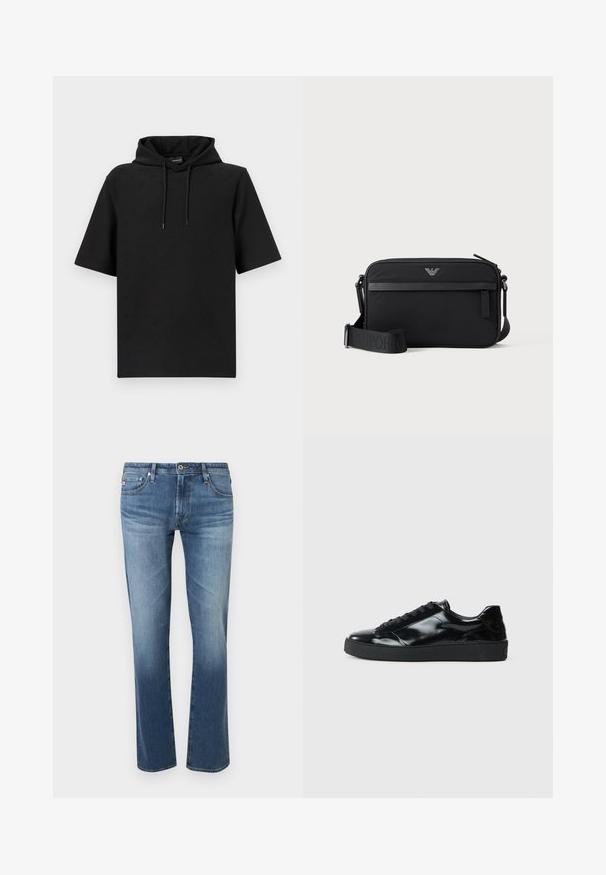 Sweat à capuche noir à manches courtes avec capuche à cordon de serrage et motif discret en relief sur le tissu, présenté sur un fond blanc uni.; Jean bleu délavé pour homme, coupe droite, avec fermeture à boutons et zip à l'avant, poches avant et arrière, présenté sur fond blanc.; Baskets en cuir verni noir avec un bout arrondi, un laçage, une semelle en caoutchouc texturé et une finition lisse.; Sac bandoulière rectangulaire noir avec poche avant zippée, sangle réglable et petit logo métallique en haut au centre.
