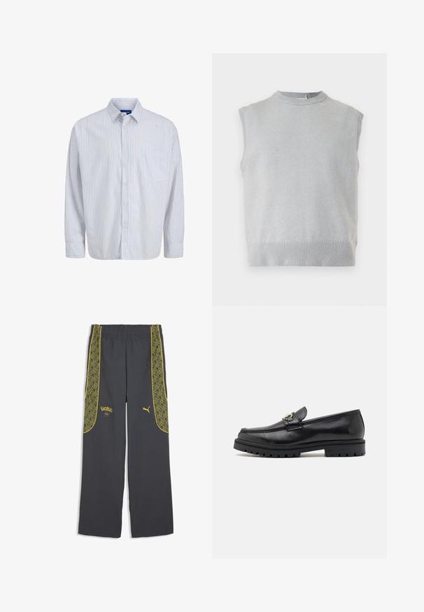Gilet sans manches en tricot gris clair avec col rond côtelé et ourlet, présenté sur un fond uni.; Chemise blanche à manches longues, à boutons, avec de fines rayures verticales rouges, une poche poitrine, un col et des poignets boutons.; Pantalon gris foncé avec panneaux latéraux géométriques jaunes, taille élastique, logo Pokémon jaune et logo Puma sur le devant.; Mocassins en cuir noir avec une finition lisse, bout rond, une sangle décorative avec des accessoires en or, et une semelle noire robuste.