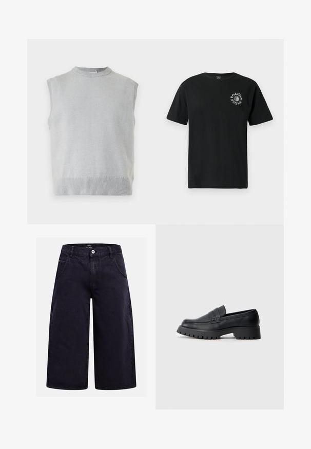 Gilet sans manches en tricot gris clair avec col rond côtelé et ourlet, présenté sur un fond uni.; T-shirt en coton noir à manches courtes, avec un logo graphique blanc sur la poitrine gauche. Design classique à col ras du cou. Coupe standard.; Shorts en denim noir à jambes larges, avec bouton sur le devant, fermeture éclair, passants pour ceinture et deux poches avant.; Mocassins en cuir noir avec un bout arrondi, présentant une sangle décorative et une semelle en caoutchouc épaisse avec de profonds crampons pour une meilleure adhérence.