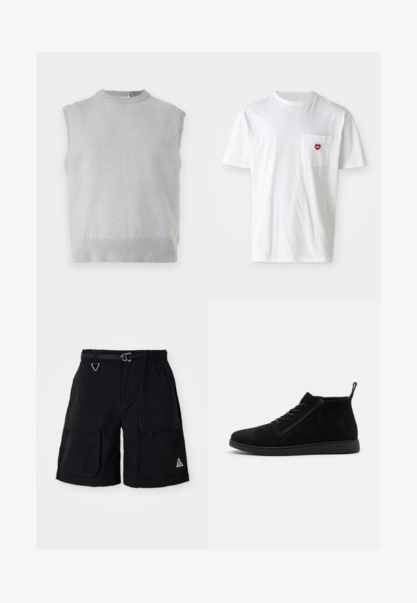 Chaleco de punto sin mangas de color gris claro con cuello redondo y bajo acanalados, mostrado sobre un fondo liso.; Camiseta de algodón blanca con escote redondo y mangas cortas. Presenta un pequeño logo de corazón rojo en el bolsillo izquierdo del pecho.; Bermudas de cargo negras con cinturilla elástica, cinturón integrado, grandes bolsillos laterales y logo ACG en triángulo en la pierna derecha.; Las botas de tobillo de ante negro cuentan con una punta redondeada, cordones frontales y una cremallera lateral. La suela es plana con un acabado texturizado para un mejor agarre.