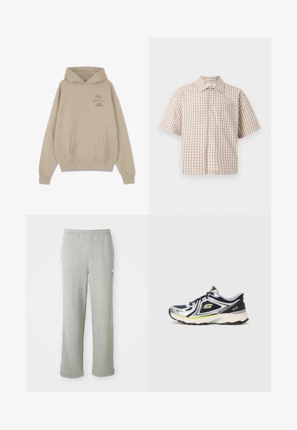 Beige hoodie van zachte stof, met een voorzak, ribgebreide mouwen en zoom, met de tekst "Whispers of Gold" en een afbeelding op de borst.; Korte mouwen blouse met knopen, beige en bruin geruit patroon en een linker borstzak op een witte achtergrond.; Grijze sweatpants van een zachte katoenmix, met een elastische tailleband, recht model en een klein logo aan de linkerkant.; Marineblauwe en zilveren sportschoen met bovenkant van mesh, reflecterende accenten, gewatteerde kraag en rubberen zool met groene details.