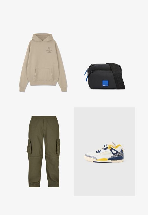 Beige Kapuzenpullover aus weichem Stoff, mit einer vorderen Tasche, gerippten Bündchen und Saum, mit dem Text „Whispers of Gold“ und einer Grafik auf der Brust.; Olivgrüne Cargo-Hosen aus leichtem Material, mit mehreren Seitentaschen, einem elastischen Bund und einem geraden Schnitt.; Weißer Sneaker mit blauen und gelben Akzenten, versehen mit einem strukturierten grauen Muster an Zehen- und Fersenbereich. Schwarze Zwischensohle mit sichtbarer Luftdämpfung.; Schwarze synthetische Umhängetasche mit einem blauen quadratischen Logo, zwei Reißverschlussfächern und einem schwarzen Riemen mit Markenaufschrift.