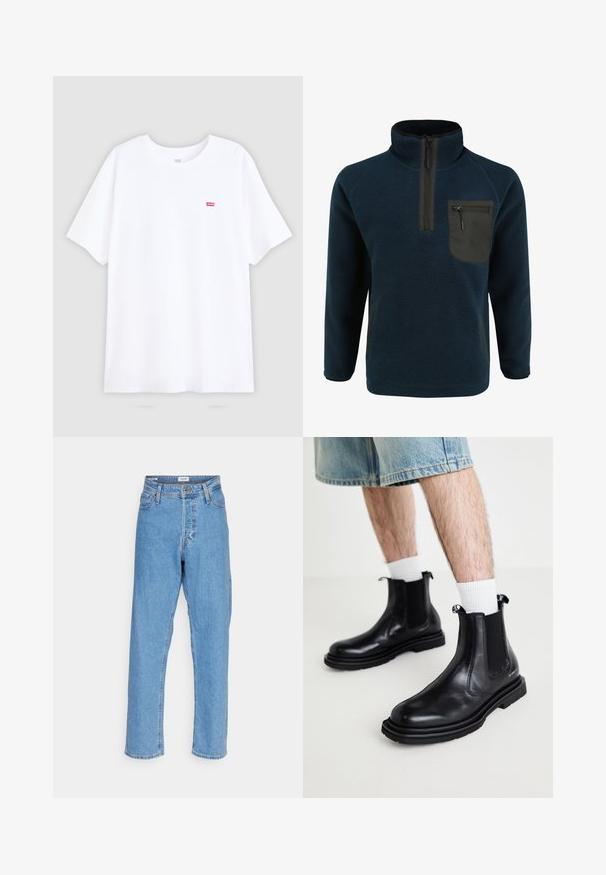 Fleece pullover i marineblå med halv-lynlås krave, med en sort brystlomme og struktureret stof. Inkluderer sidelommer.; Hvid bomulds t-shirt med korte ærmer og rund halsudskæring. Har et lille rødt Levi's logo på venstre bryst. Flad design, uden mønstre.; Lyseblå højtaljede lige ben jeans med knap foran, lynlåslukning, bæltestropper og fem-lomme design på hvid baggrund.; Steve Madden HENRIES - Støvletter - black