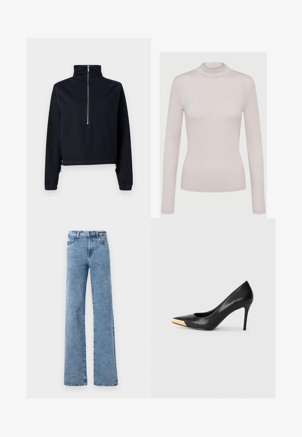Tummansininen lyhennetty denimtakkimalli. Siinä on korkea kaulus, neljänneksen pituinen vetoketju ja joustavat hihansuut säädettävillä nyöreillä.; Harmaa beigepitkähiha turtleneck-paita, joka on valmistettu pehmeästä ja joustavasta materiaalista. Tiukka muotoilu, jossa on uritetut pinnat ja normaali hihansuu.; Noisy May Straight fit NMYOLANDA - Leveälahkeiset - medium blue denim; Musta nahkainen korkea korkokenkä kapealla kärjellä; siinä on metallinhohtoinen kultainen yksityiskohta varpaankärjessä. Suora pinta ja tyylikäs muotoilu.