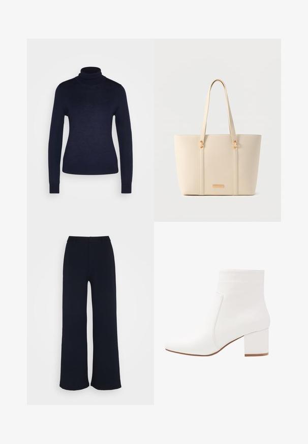 Marks & Spencer ROLL NECK - Strickpullover - navy; Marinefarbene Weitbeinhosen aus weichem Stoff, mit flachem Bund und ohne sichtbare Taschen, in einem glatten, unstrukturierten Finish.; Weiße Knöchelstiefel mit glatter Oberfläche, eckiger Zehenpartie und einem Blockabsatz in mittlerer Höhe. Steppnähte betonen das minimalistische Design.; Cremefarbene, strukturierte Tragetasche mit langen Griffen und goldfarbenen Metallapplikationen vor neutralem Hintergrund.