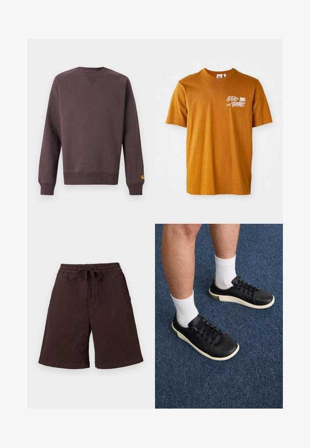 Bruine trui met een gestructureerde stof, geribde ronde hals en manchetten. Heeft een klein logo in geel op de linkermouw.; Bruine katoenen t-shirt met ronde hals, korte mouwen, voorzien van witte grafische tekst en bladontwerp op de voorkant.; Donkerbruine casual shorts met elastische tailleband en vooraan een trekkoord, zijzakken en een zoom die tot aan de knieën reikt, tegen een effen lichte achtergrond.; Zwarte sneaker van glad leer, met een witte zool, zes oogjes met zwarte veters en een subtiele beige accent bij de hiel.