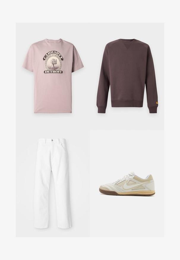 Brun sweatshirt med tekstureret stof, ribbet rund hals og manchetter. Har en lille gul logo på venstre ærme.; Lyserød bomulds-T-shirt med rund hals og korte ærmer, der har et vintage-inspireret grafisk design med "Carhartt WIP Detroit."; Hvide denimbukser med lige ben-design, der har en frontknap og lynlås lukning, fem lommer og en ren, tekstureret overflade.; Hvid atletisk sko med en struktureret overdel, grå accenter, snørebånd og en tan gummisål. Har et karakteristisk logo på siden.