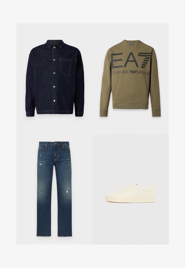 Sweat-shirt manches longues vert olive avec logo EA7 Emporio Armani noir imprimé sur la poitrine et bords-côtes aux poignets et à l'ourlet.; Veste en jean bleu foncé avec une fermeture à boutons à l'avant, un col pointu, une poche poitrine et des détails de couture orange contrastants.; Jean en denim bleu avec une coupe droite, présentant un léger effet usé et décoloré, cinq poches et une fermeture par bouton à la taille.; Baskets couleur crème avec une tige en cuir lisse, bout arrondi, laçage à l'avant et semelle en caoutchouc texturée. Design minimaliste, sans logo.