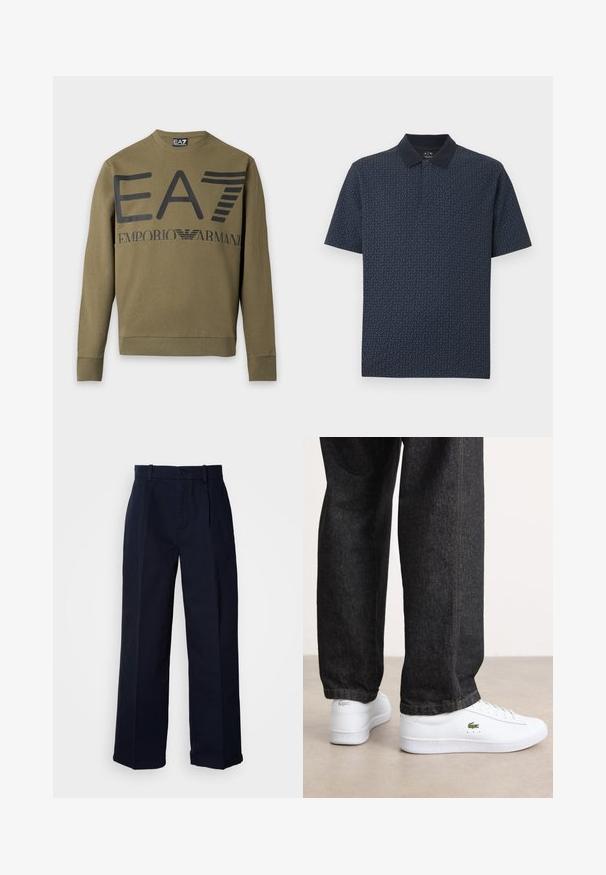 Langärmliges olivgrünes Sweatshirt mit schwarzem EA7 Emporio Armani-Logo auf der Brust und gerippten Bündchen und Saum.; Marineblaues Polohemd mit kurzen Ärmeln, dezentem hellblauem geometrischem Muster und festem dunklem Kragen, flach auf weißem Hintergrund liegend.; Navyblaue, weiter geschnittene Baumwollhose mit Knopfverschluss, vorderer Bügelfalte und glatter Textiloberfläche.; Weiße Leder-Sneaker mit einem flachen Design und grünem Logo, kombiniert mit dunklen Jeans aus Denim mit gelben Nähten.