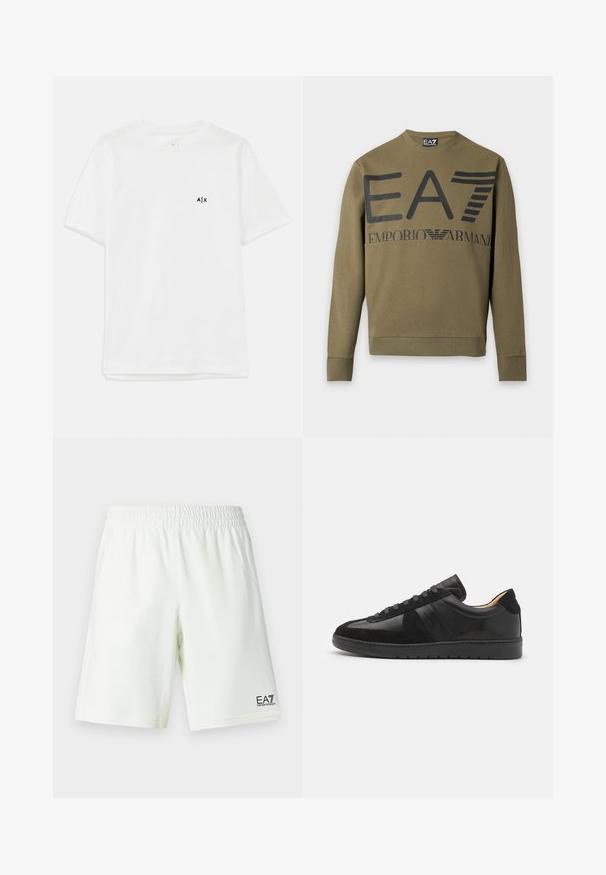 Sudadera de manga larga verde oliva con el logo negro de EA7 Emporio Armani impreso en el pecho y puños y bajo acanalados.; Camiseta de algodón blanca con mangas cortas y cuello redondo, con un pequeño logo negro en el lado izquierdo del pecho. Textura suave, diseño básico.; Pantalones cortos con cintura elástica blanca y logo EA7 Emporio Armani en negro en la parte inferior del lado derecho.; Tiger of Sweden BELLICU - Zapatillas - black
