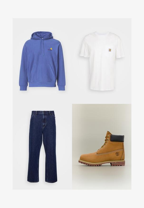 Sudadera de algodón azul con un bolsillo frontal, capucha ajustable con cordón y un pequeño logo bordado en el pecho. Textura suave y corte casual.; Camiseta de algodón blanca con mangas cortas, un bolsillo en el pecho y un pequeño parche cuadrado de logo en naranja y blanco en el bolsillo.; Jeans de mezclilla azul oscuro con un diseño de pierna recta, que cuentan con un cierre de botón, estilo de cinco bolsillos y detalles de costura sutiles.; Bota de tobillo de cuero marrón con cuello negro, cordones amarillos y suela beige. Presenta un logotipo y detalles de costura blanca. Suela exterior con tracción robusta.