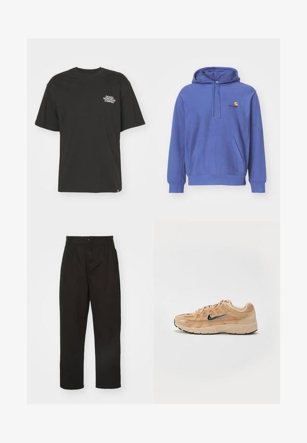 Sudadera de algodón azul con un bolsillo frontal, capucha ajustable con cordón y un pequeño logo bordado en el pecho. Textura suave y corte casual.; Dickies GRAPHIC TEE - Camiseta estampada - black; Pantalones negros de tela suave, con cierre de botón, corte recto y dos pliegues frontales que añaden detalle.; Zapatilla deportiva beige con materiales de malla y ante, silueta curva, suela negra, prominente logo plateado de Nike en el lateral y acentos texturizados.