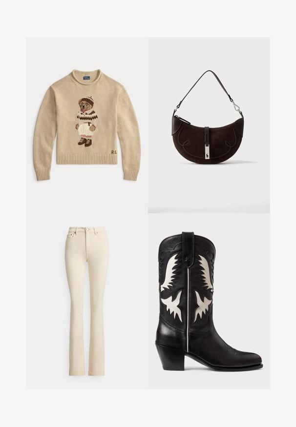 Beige strikket sweater med en broderet bjørn iført et hvidt outfit med brune accenter og støvler. Ribbet manchetter og kant. "R.L." broderet på siden.; Beige jeans med vidde ved benene og høj talje, to forlommer og lukning med knap. Glat tekstur og minimale syningsdetaljer.; Sorte læder cowboystøvler med hvide kantede detaljer, prydet med dekorativ syning, spidse tåer og en lav stablet hæl.; Mørkebrun måneformet ruskindstaske med flettet kant, læderrem og en sølvspænde med en lille hestelogo.