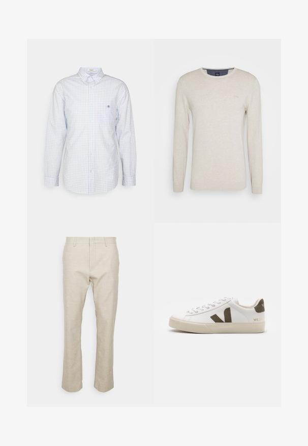 s.Oliver Pullover - off-white; Chemise à carreaux vichy bleu clair à boutons avec manches longues, col et petit logo sur la poitrine. Fabriquée en coton, avec une texture lisse.; Pantalons en lin beige avec jambes droites, poches avant et texture lisse. Design minimaliste ; sans motifs ou éléments visibles.; Baskets en cuir blanc avec une semelle en caoutchouc beige clair. Présentent un logo en V en daim marron et une languette de talon. Fermeture à lacets avec une surface texturée.