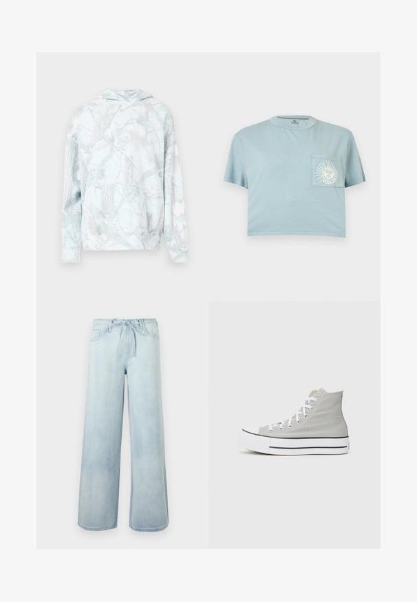 Sudadera con capucha azul clara con un patrón de ramas de árbol en gris. Bolsillo canguro frontal, puños y dobladillo acanalados. Material suave y texturizado.; Camiseta corta de color azul claro con mangas cortas y un bolsillo en el pecho con un gráfico de un sol blanco con rostro y el texto "VOLCOM".; Pantalones vaqueros de pierna ancha en azul claro con bolsillos delanteros y cinturón de tela anudado en la cintura, mostrados sobre un fondo liso.; Zapatillas altas de lona gris claro, con cordones blancos, suela de goma blanca y una franja negra a lo largo de la base.