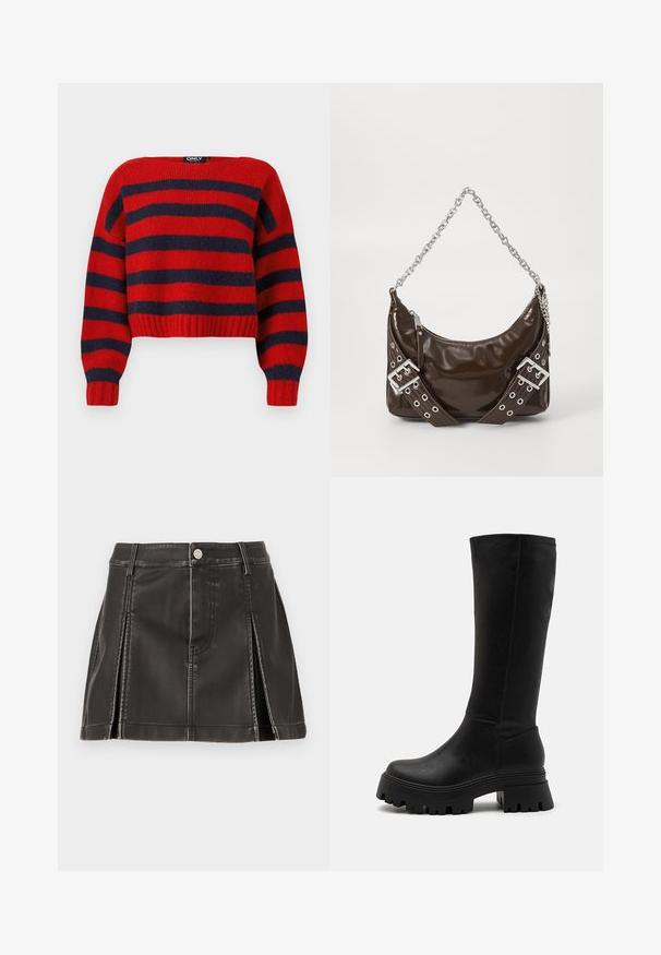 Rød og marineblå stribet cropped sweater med ribbet kant og lange ærmer, lavet af blødt strikmateriale. Mærket hævder "ONLY."; Sort faux læder nederdel med høj talje, udsmykket med syede detaljer og sidelæg. Metalknaplukning foran.; Sorte knælange støvler lavet af syntetisk læder, med en chunky gummisål med dybe riller, glat overflade og minimale syninger.; Mørkebrunt patentlæder håndtaske med sølv kæderekke, dekorerede dobbelte spænder og lynlås lukning.