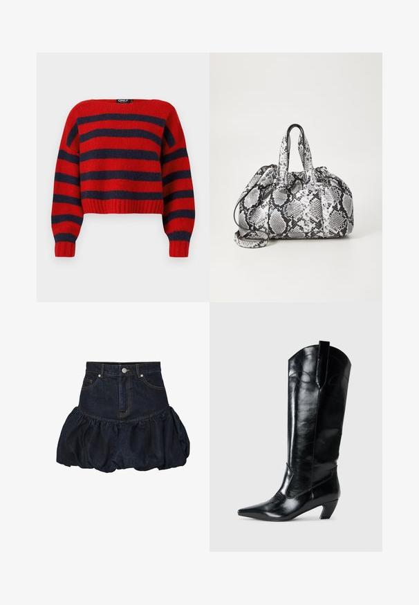 Gestreifter, rot und marineblauer, cropped Pullover mit geripptem Saum und langen Ärmeln, aus weichem Strickmaterial hergestellt. Das Etikett lautet "ONLY."; Dunkelblaue Jeansrock mit einer taillierten Taille und einem gerafften, puffigen Rüschensaum. Verfügt über Fronttaschen und einen metallischen Knopfverschluss.; Schwarze kniehohe Stiefel aus Leder mit spitzem Zeh, niedrigem Absatz und dekorativen Nähten an den Seiten. Glatte, glänzende Oberfläche.; Schwarz-weiße Handtasche im Schlangenhautmuster mit zwei Griffen, einem Kordelzugverschluss und einem abnehmbaren Schultergurt. Glatte Textur.