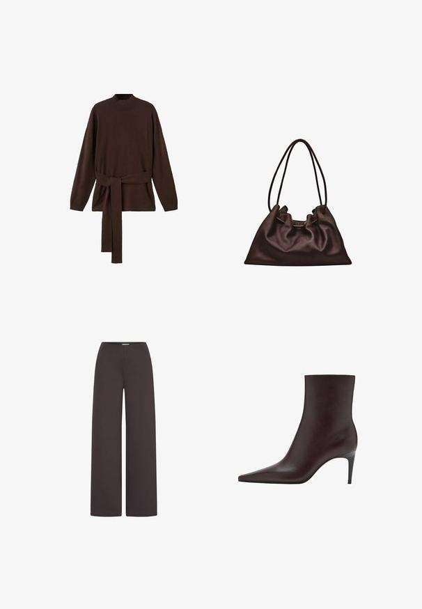 Brun strikket sweater med høj hals, lange ærmer og en matchende taljebind. Blød tekstur og afslappet pasform.; ICHI IHKATE WIDE PA2 - Bukser - chocolate torte; Brun læder ankelstøvle med spids tå, slank skafter og en tynd, høj hæl. Glat tekstur, minimalistisk design, ingen synlig hardware.; Blød mørkebrun læderhåndtaske med en slasket form og to tynde skulderstropper mod en hvid baggrund.