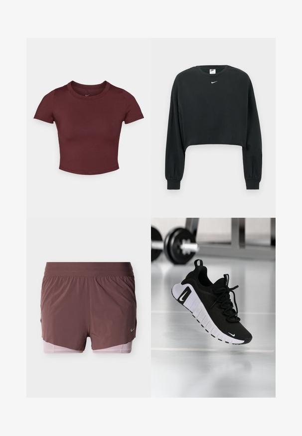 Sudadera negra recortada hecha de mezcla de algodón, con mangas largas, puños acanalados y un pequeño logo blanco de Nike en el pecho.; Camiseta corta color burdeos hecha de una tela suave y elástica. Presenta mangas cortas y un cuello redondo, con un logo sutil en el pecho.; Pantalones cortos en malva intenso con un diseño ligero, que cuentan con una cinturilla ancha y un forro interior rosa. Incluyen un pequeño detalle de logo en el lateral.; Zapatilla deportiva negra con parte superior de tela texturizada, suela blanca y sistema de cordones prominente. Presenta un logo de Nike y un diseño suave y acolchado.