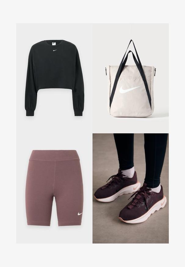 Sudadera negra recortada hecha de mezcla de algodón, con mangas largas, puños acanalados y un pequeño logo blanco de Nike en el pecho.; Pantalones cortos de ciclista en un color malva apagado, hechos de tela elástica. Cuenta con una cintura alta y un pequeño logo Nike swoosh blanco.; Zapatillas deportivas color granate con parte superior de tejido texturizado, suela blanca y logo de Nike en negro. Presentan cordones redondos y ojales de cordón estampados.; Bolsa tote beige de Nike con gran logo blanco de swoosh y largas correas negras para el hombro, bolsillo frontal con cremallera, en posición vertical sobre fondo liso.