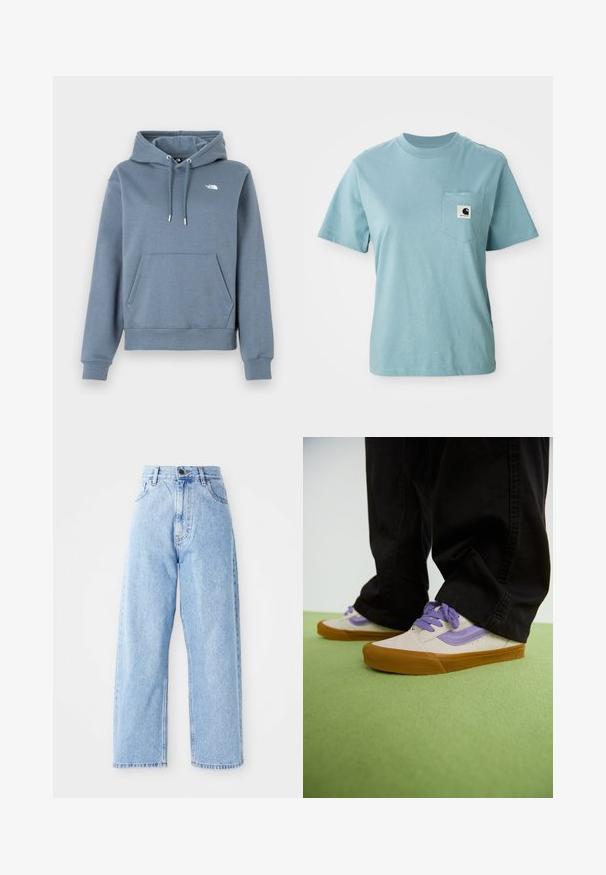 Hoodie in lichtblauw, van een gemengde katoenstof. Voorzien van een buidelzak aan de voorkant, een capuchon met trekkoord en een klein logo op de borst.; Lichtblauw katoenen T-shirt met korte mouwen en een borstzak, voorzien van een klein zwart-wit Carhartt logo patch.; Hogewaisted lichtblauwe denim jeans met rechte wijde pijpen, voorste knoop, ritssluiting en voor- en achterkant zakken.; Lichtbeige sneakers met paarse accenten, rubberen gumzool en platte veters. Draag ze met zwarte broeken, gepresenteerd op een groene gestructureerde ondergrond.