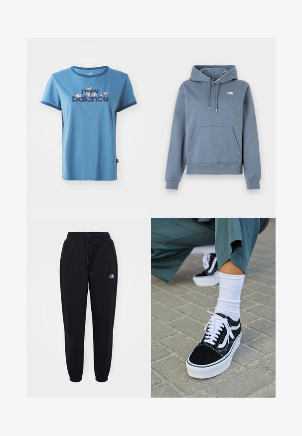Hætte sweatshirt i lyseblå, i en blanding af bomuld. Har en frontlomme, snøre i hætten og et lille logo på brystet.; Blå bomulds t-shirt med korte ærmer, marineblå kant, med "new balance" tekst og blomsterdesign i hvid og gul på forsiden.; Sorte joggingbukser med elastisk talje og manchetter, snoretræk, sidelommer og lille hvid The North Face-logo på højre lår.; Sorte ruskinds sneakers med hvide accenter og snørebånd, der har en tyk hvid sål og kontrasterende syninger, parret med en hvid sok.