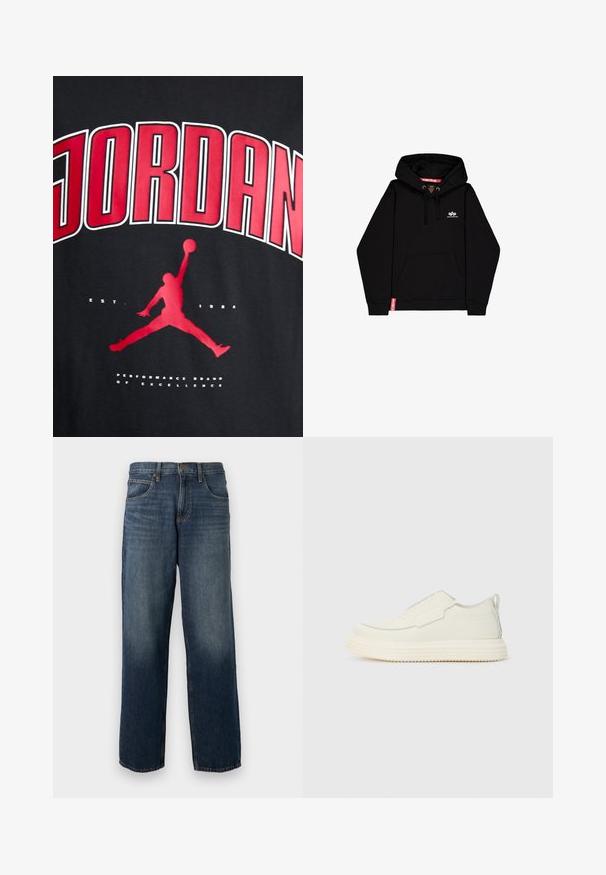 Sort hættetrøje lavet af blandingsstof, der har en frontlomme, snøre i hætten, ribbede manchetter og kant. Litet logo trykt på brystet.; Sort t-shirt med fed rød "JORDAN" tekst, silhuet af en springende figur, og "EST. 1984" i hvid under grafikken.; Blå denim jeans med lige ben, fem lommer og lukning med knap og lynlås, med subtile falmede detaljer på lår og knæ.; Slip-on sneaker i off-white tekstureret materiale med en tyk, rillet sål. Har minimale sømme og et subtilt lysblåt accent.