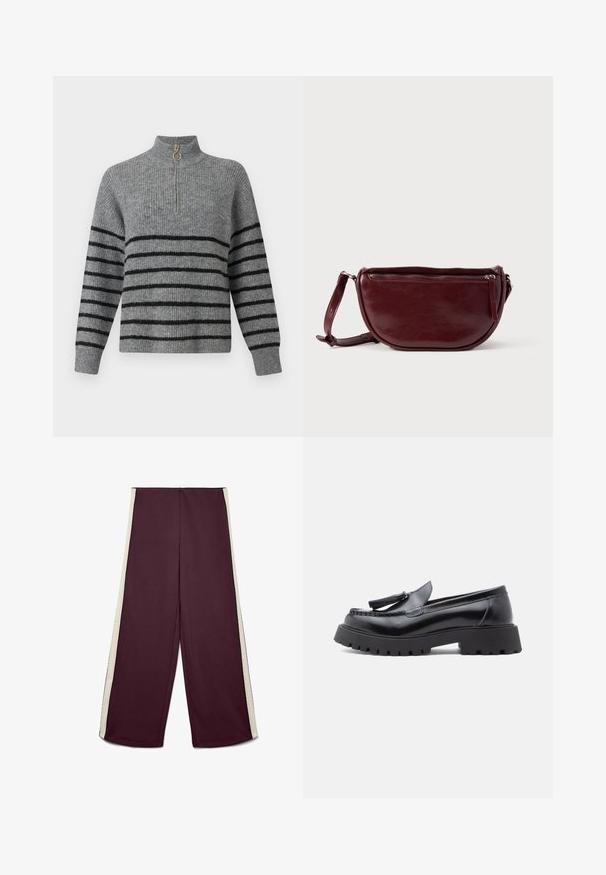 Pull en tricot gris avec un col montant, rayures horizontales noires, ouverture zippée quart avec tirette en anneau doré, et poignets côtelés.; Pantalon bordeaux à jambes larges avec bandes blanches sur les côtés, devant plat et taille haute.; Mocassins en cuir noir avec une forme effilée, un détail à pampilles, et une semelle en caoutchouc épaisse présentant un motif cramponné pour une meilleure adhérence.; Sac à main en cuir marron foncé avec une forme en demi-lune, une fermeture éclair et une bandoulière amovible. Texture lisse avec un léger éclat.