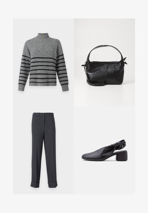 Grauer gestrickter Pullover mit hohem Kragen, schwarzen horizontalen Streifen, einem Viertel-Reißverschluss mit einem goldenen Ring-Zipper und gerippten Bündchen.; Grau maßgeschneiderte Hose aus strukturiertem Stoff, mit geradem Bein, Gürtelschlaufen und gekrempelten Säumen für ein strukturiertes Erscheinungsbild.; Schwarzer Leder-Slingback-Schuh mit abgerundeter Spitze, einem geknoteten Riemendetail und niedrigem Blockabsatz auf weißem Hintergrund.; Schwarze Lederhandtasche mit strukturiertem Design, rundem Haltegriff und abnehmbarem Schulterriemen. Sie weist eine glatte Oberfläche und einen subtilen Glanz auf.