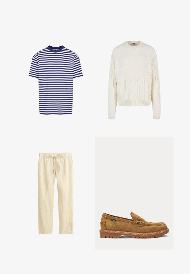 Chunky strik creme sweater med et kabelmønster, rund halsudskæring, faldende skuldre og ribbede mansjetter og kant. Teksturdetalje i stoffet hele vejen igennem.; T-shirt med korte ærmer i striber med marineblå og hvide vandrette striber, rund halsudskæring, afslappet pasform og blødt bomuldsstof.; Beige snøre bukser med subtile vertikale nålestriber, elastisk taljebånd, sidelommer og lige ben pasform.; Tan farvet ruskind penny loafer med syet moc toe, robust gummisål og et lille grønt stofmærke på siden.