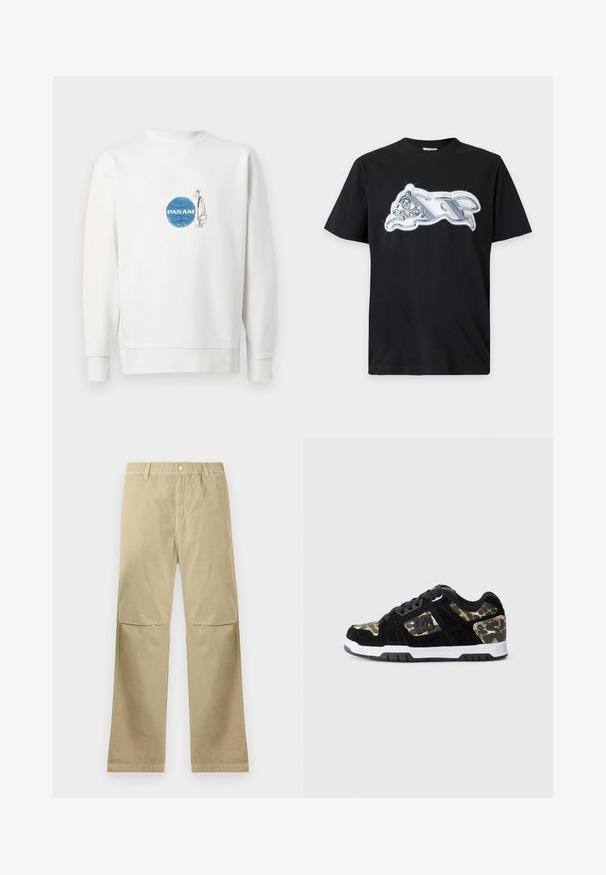 Hvid sweatshirt med blåt basketballgrafik og "PAN AM" tekst, med en tynd skitse af en mand med hat og aktentaske ved siden af.; Sort t-shirt med korte ærmer med en skinnende sølvmetalisk grafik af et løbende dyr på brystet.; Beige lige bukser med trykknaplukning, bæltestropper og syninger ved knæene, liggende fladt på en hvid baggrund.; Sort ruskinds sneaker med camomønster på siden, hvid mellemsål og sort gummisål. Har snørebånd og logo-detalje på siden.