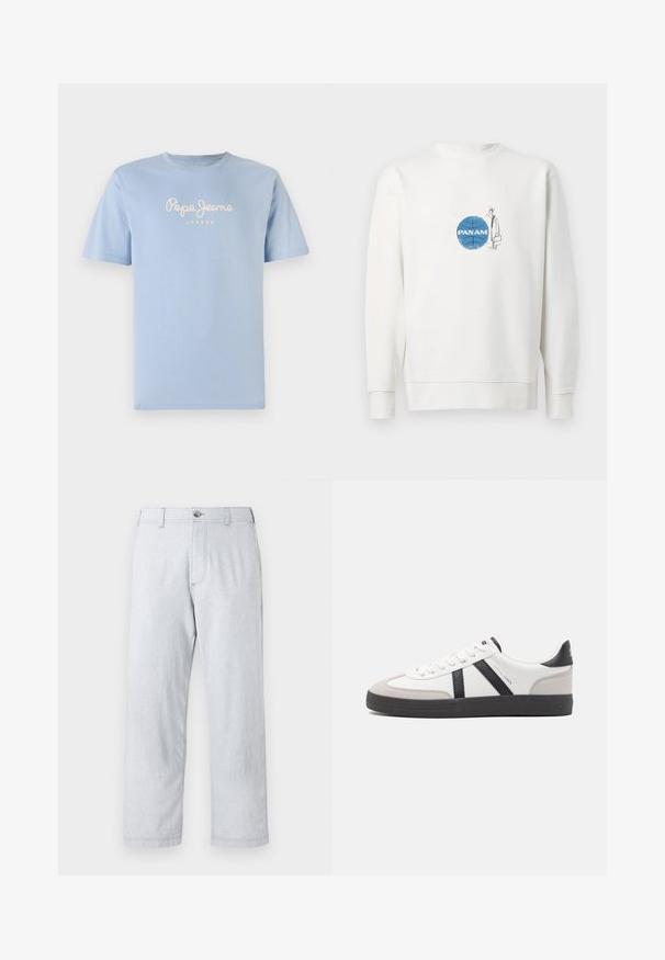 Hvid sweatshirt med blåt basketballgrafik og "PAN AM" tekst, med en tynd skitse af en mand med hat og aktentaske ved siden af.; Lyseblå bomulds t-shirt med rund halsudskæring og korte ærmer. Den viser "Pepe Jeans London" i hvid skriveskrift hen over brystet.; Lys grå, lige ben bukser lavet af tekstureret stof. Har en frontlukkefunktion med knap og bæltestropper. Ingen synlige mønstre eller accenter.; Hvide sneakers med sorte og grå detaljer, med en tekstureret grå tåhætte, sort gummisål og flade hvide snørebånd. Rent design, minimalistisk stil.