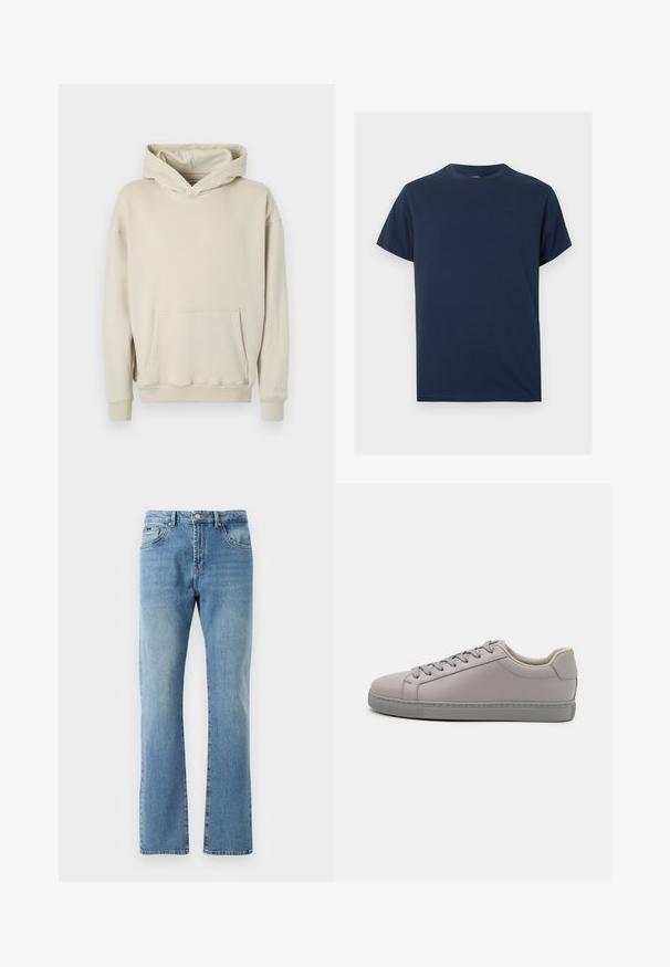 Sudadera con capucha beige hecha de tela suave. Cuenta con un bolsillo frontal tipo canguro y puños y dobladillo acanalados. Diseño sencillo y relajado.; Camiseta azul marino de manga corta y cuello redondo con un pequeño logo bordado sutil en el lado izquierdo del pecho.; Jeans de mezclilla de color azul claro con un corte recto, cinco bolsillos y un desgaste sutil. Presentan una cintura clásica y dobladillo recto en los tobillos.; Zapatillas de cuero gris con un acabado suave, cordones planos, punta redondeada y una suela de goma gris a contraste. Diseño minimalista y textura.