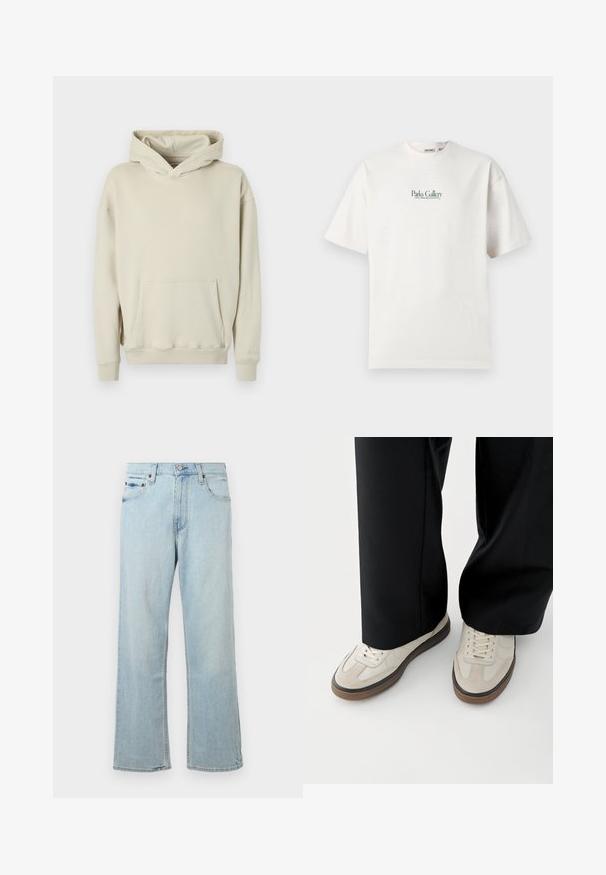 Beige hættetrøje lavet af blødt stof. Har en frontlomme a la kænguru og ribbede manchetter og kant. Enkel, afslappet design.; Hvid kortærmet t-shirt med grøn tekst "Parks Gallery Local Creators Collective" centreret på brystet, præsenteret på en ensfarvet baggrund.; Lyseblå denimjeans med en løs, bred bendesign. Har fem lommer, bæltestropper og en lynlås med knaplukning.; Fødder iført beige sneakers med brune såler og sorte bukser med vide ben på hvid baggrund.
