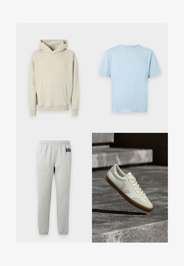 Sudadera con capucha beige hecha de tela suave. Cuenta con un bolsillo frontal tipo canguro y puños y dobladillo acanalados. Diseño sencillo y relajado.; Camiseta de algodón azul claro de manga corta con cuello redondo, mostrada desde el frente sobre un fondo blanco.; Pantalones de chándal grises con cinturilla elástica, tobillos acampanados y un logo de "GAP" en navy en el muslo superior izquierdo. Tejido suave de mezcla de algodón.; Zapatillas blancas de cuero con suela de goma color beige, cordones planos y un acento en forma de V en el costado. Presentan una superficie lisa y detalles mínimos de costura.