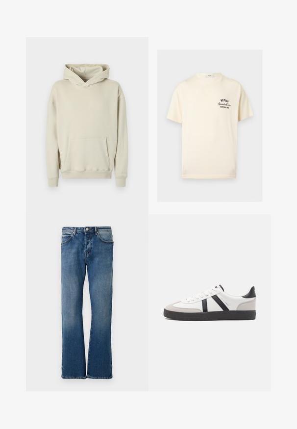 Beige hættetrøje lavet af blødt stof. Har en frontlomme a la kænguru og ribbede manchetter og kant. Enkel, afslappet design.; Kremfarvet T-shirt med korte ærmer med sort tekst "REPLAY Squadra Corse ADRENALINA" på venstre bryst og rund halsudskæring.; Lyseblå denimjeans med lige ben-design, der har fem lommer, en knap-lukning og diskret falmning på stoffet.; Hvide sneakers med sorte og grå detaljer, med en tekstureret grå tåhætte, sort gummisål og flade hvide snørebånd. Rent design, minimalistisk stil.