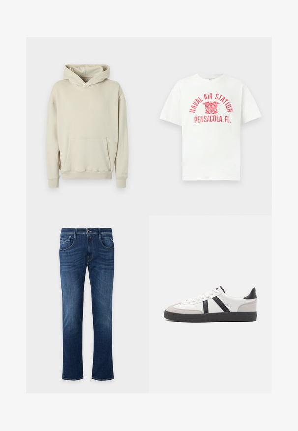 Beige hættetrøje lavet af blødt stof. Har en frontlomme a la kænguru og ribbede manchetter og kant. Enkel, afslappet design.; Hvid T-shirt med korte ærmer med rød tekst "NAVAL AIR STATION PENSACOLA, FL." og et ørneemblem i midten foran.; Mørkeblå straight-leg jeans med forreste knap, lynlås og design med fem lommer.; Hvide sneakers med sorte og grå detaljer, med en tekstureret grå tåhætte, sort gummisål og flade hvide snørebånd. Rent design, minimalistisk stil.