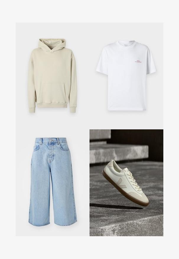 Beige hættetrøje lavet af blødt stof. Har en frontlomme a la kænguru og ribbede manchetter og kant. Enkel, afslappet design.; Hvid bomuld T-shirt med korte ærmer, rund hals, der har små røde grafiske tekster på øverste venstre side. Blød tekstur og afslappet pasform.; Lys blå denim culotte-shorts med høj talje, fem rum og løs pasform. Har en falmet tekstur og dobbeltstikninger i kanten.; Hvide læder sneakers med tanfarvet gummisål, flade snørebånd og V-formet detalje på siden. Har en glat overflade og minimale syninger.