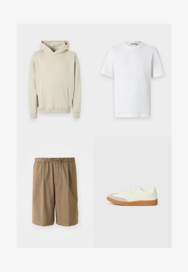 Sweat à capuche beige en tissu doux. Comprend une poche kangourou à l'avant et des poignets et ourlet côtelés. Design simple et décontracté.; T-shirt blanc à manches courtes en maille gaufrée avec col rond, petite étiquette de marque à l'intérieur du col, présenté sur un fond uni.; Shorts plissés marron avec une taille élastique et un cordon de serrage ajustable. Fabriqués dans un tissu léger et lisse avec des jambes droites.; Baskets en cuir blanc avec une coque beige et une semelle en caoutchouc marron clair. Dotées de lacets blancs plats et d'un logo embossé sur le côté.