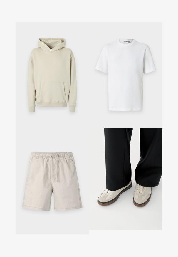 Sudadera con capucha beige hecha de tela suave. Cuenta con un bolsillo frontal tipo canguro y puños y dobladillo acanalados. Diseño sencillo y relajado.; Camiseta blanca de manga corta con cuello redondo y tejido de waffle, con una pequeña etiqueta de la marca en el interior del cuello, mostrada sobre un fondo liso.; Pantalones cortos beiges hechos de una tela ligera, con cinturilla elástica, cordón y bolsillos laterales con costuras en contraste.; Pies con zapatillas beige con suelas marrones y pantalones negros de pierna ancha sobre un fondo blanco.