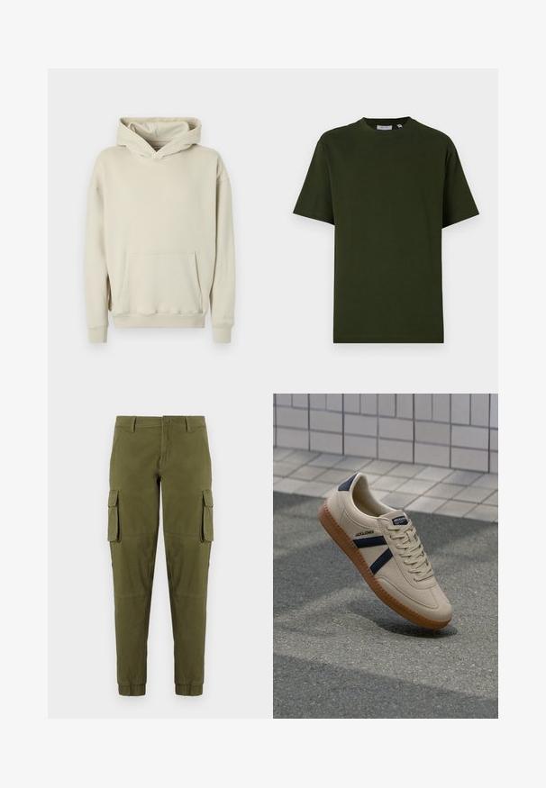 Beige Kapuzenpullover aus weichem Stoff. Verfügt über eine vordere Kängurutasche sowie gerippte Bündchen und Bund. Einfaches, lässiges Design.; Dunkelgrünes, kurzärmeliges T-Shirt aus Baumwolle. Rundhalsausschnitt, lässige Passform und glatte Textur ohne sichtbare Muster oder Akzente.; Olivgrüne Cargo-Hosen mit elastischen Bündchen, ausgestattet mit zwei seitlichen Cargo-Taschen, einem vorderen Knopfverschluss und einem glatten, leichten Stoff.; Beige Sneaker mit strukturierter Oberfläche, dunkelblauen Streifen und Gummisohle. Verfügt über eine gepolsterte Zunge und ein traditionelles Schnürsystem für einen sicheren Sitz.