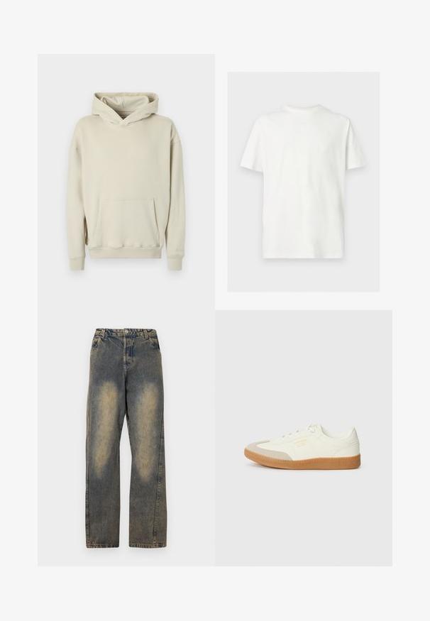 Beige capuchontrui gemaakt van zacht materiaal. Voorzien van een grote buidelzak aan de voorkant en geribbelde boorden bij de mouwen en zoom. Simpel, ontspannen ontwerp.; Wit T-shirt met korte mouwen en ronde hals in een losse pasvorm op een effen lichte achtergrond.; Lichtblauwe denim jeans met een losse pasvorm,rechte pijpen, vervaagde plekken en een klassieke knoopsluiting in de taille.; Schoen gemaakt van wit leer met een beige teenkap en een lichtbruine rubberen zool. Voorzien van platte witte veters en reliëfbranding aan de zijkant.
