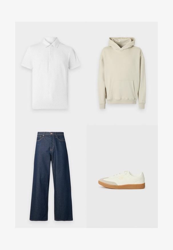 Sweat à capuche beige en tissu doux. Comprend une poche kangourou à l'avant et des poignets et ourlet côtelés. Design simple et décontracté.; Polo shirt blanc à manches courtes arborant un petit motif géométrique, trois boutons sur le col et une coupe classique. Fabriqué en tissu respirant.; Jean à jambes larges en denim foncé avec surpiqûres orange, doté de cinq poches, d'une fermeture à boutons sur le devant et d'une silhouette droite.; Baskets en cuir blanc avec une coque beige et une semelle en caoutchouc marron clair. Dotées de lacets blancs plats et d'un logo embossé sur le côté.