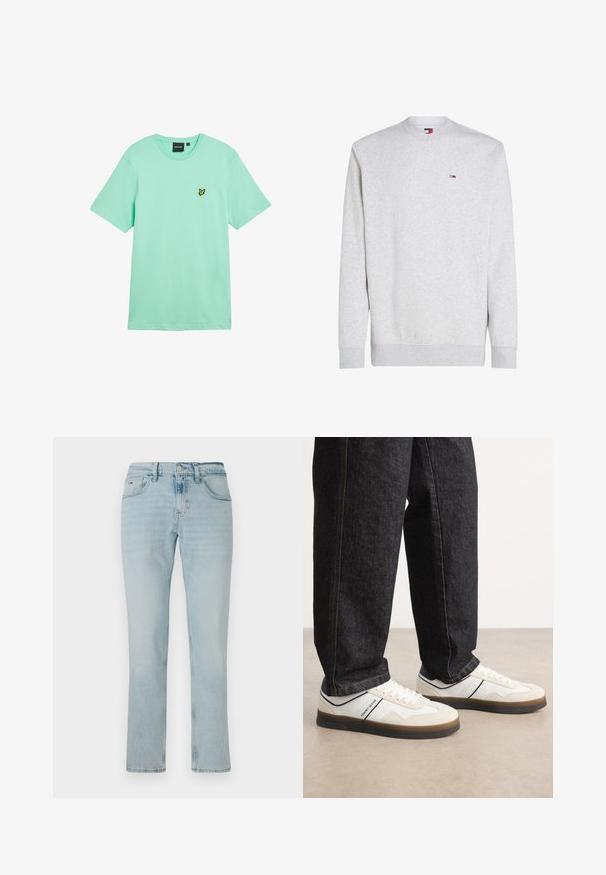 Grå sweatshirt lavet af bomuldsblanding, der har rund halsudskæring, ribstrikkede manchetter og kant, samt et lille mærket logo på brystet.; Mintgrøn bomuld t-shirt med korte ærmer, rund hals og en lille gul sommerfuglelogo broderet på venstre bryst.; Lyseblå denim jeans med straight leg-design, blød tekstur, frontlommer og subtile falmning mønstre. Har en knap- og lynlåslukning.; Hvide og lysegrå sneakers med en tekstureret ruskind- og læderoverdel, brun gummisål og marineblå accentstribe. Båret med mørke jeans.