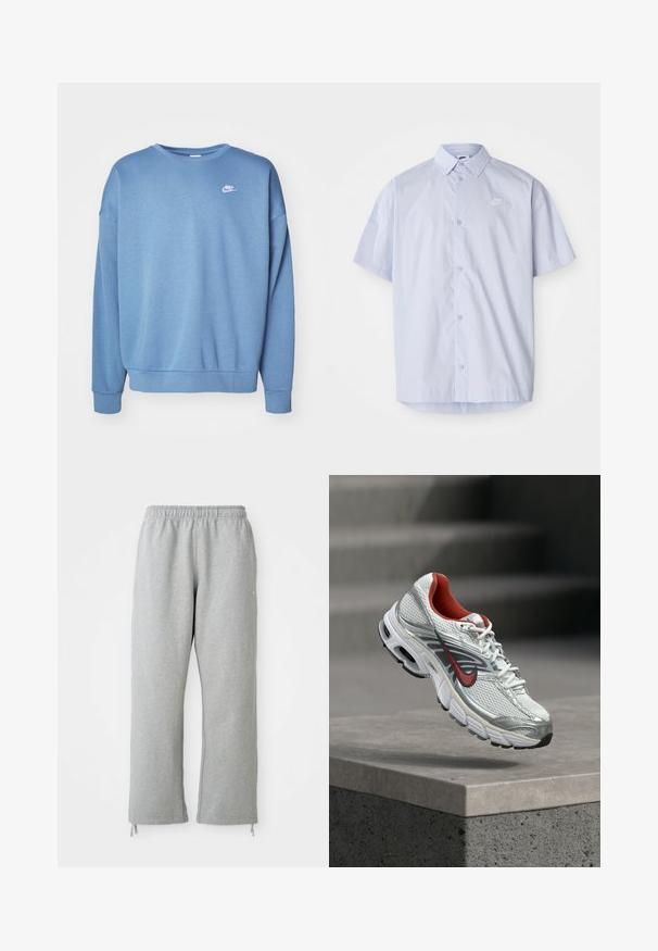 Blå sweatshirt lavet af blødt stof med rund hals, lange ærmer, ribbede manchetter og et lille hvidt Nike-logo på brystet.; Lyseblå kortærmet skjorte lavet af glat stof, med knaplukning og et lille hvidt Nike-logo på brystet.; Grå sweatpants med elastisk talje, lige ben og snoretræk ved kanten. Fremstillet af blødt, struktureret stof.; Hvid og sølv Nike løbesko med røde accenter, der svæver over en betonkant og viser dens side- og såldetaljer.