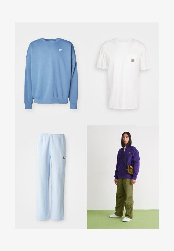 Blå sweatshirt lavet af blødt stof med rund hals, lange ærmer, ribbede manchetter og et lille hvidt Nike-logo på brystet.; Hvid bomulds T-shirt med korte ærmer, en brystlomme, og et lille firkantet logo patch i orange og hvid på lommen.; Lysblå joggebukser med elastisk talje, prydet med et lille rødt Nike-logo og teksten "Athletic Department". Blødt bomuldsstof.; Jordan AIR JORDAN 1 ZM CMFT 2 - Sneakers high - summit white/bicoastal/oxidized green