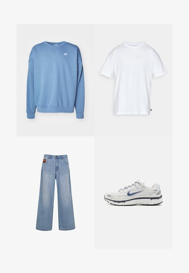 Blå sweatshirt lavet af blødt stof med rund hals, lange ærmer, ribbede manchetter og et lille hvidt Nike-logo på brystet.; Hvid bomulds T-shirt med korte ærmer og rund hals. Har et lille, diskret Nike-logo på brystet og et sidelabel.; Lyseblå vide jeans med høj talje og en lille farverig vævet detalje, der stikker frem fra den højre forlommer.; Nike Sportswear P 6000 - Sneakers - phantom/obsidian/summit white/white/black/metallic silver