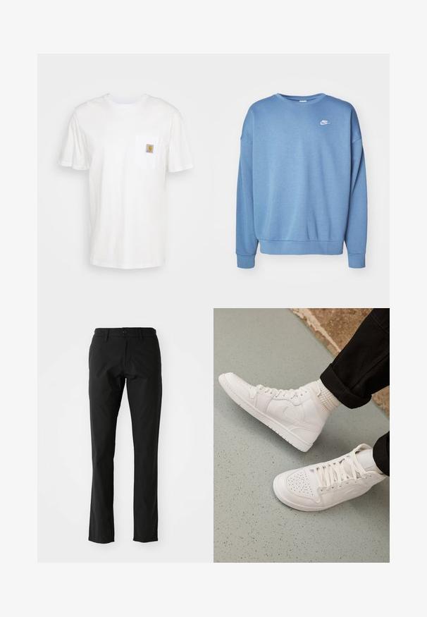 Blå sweatshirt lavet af blødt stof med rund hals, lange ærmer, ribbede manchetter og et lille hvidt Nike-logo på brystet.; Hvid bomulds T-shirt med korte ærmer, en brystlomme, og et lille firkantet logo patch i orange og hvid på lommen.; Sorte bukser lavet af letvægtsstof, med lige ben-design, frontlukning med knap og sidelommer. Glat tekstur.; Hvide høj-top sneakers lavet af glat læder med perforeret tå, snørelukning og subtil logo detaljer på siden. Tekstureret gummisål.